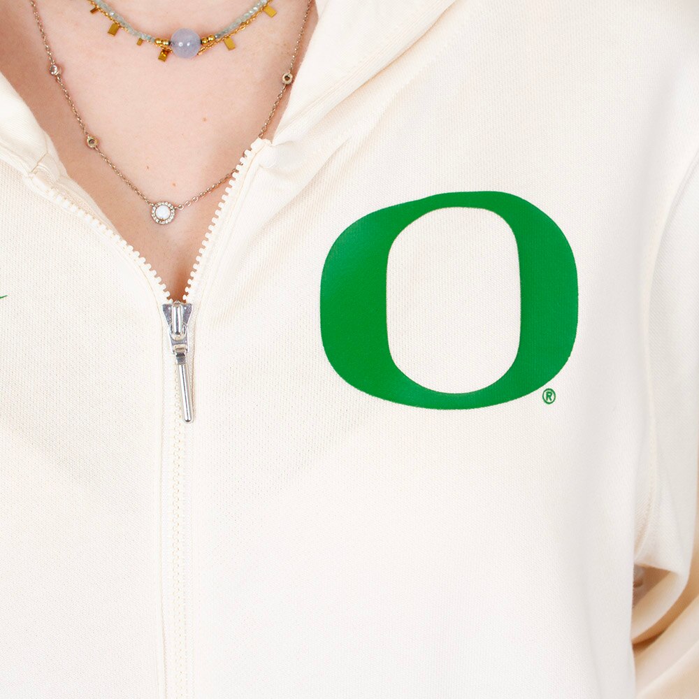 Classic Oregon O, Nike, White, Full Zip, Cotton Blend, Women, Natural, Hoodie, Sweatshirt, 874380